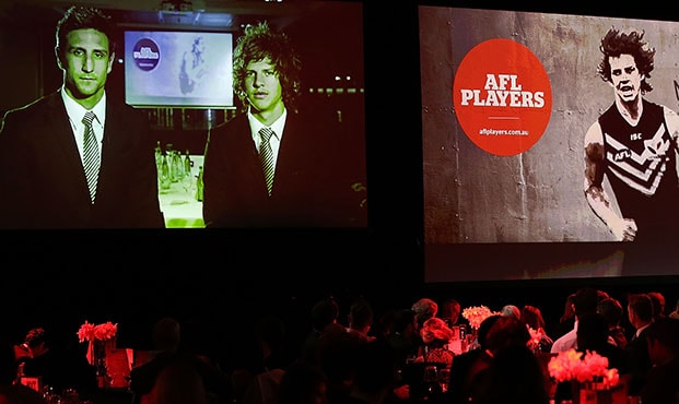 Nat Fyfe with skipper Matthew Pavlich on screen from Perth during the AFLPA awards in Melbourne. Picture: Getty Images - ${keywords}